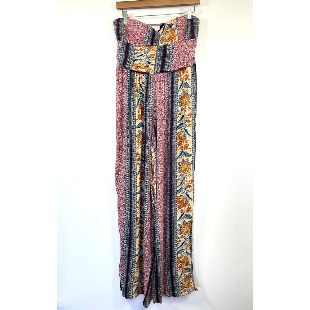 Womens Boho Patchwork Strapless Wide Leg Jumpsuit Size M Pockets Festival Hippie